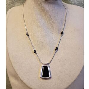 Designer Signed Crazy Horse Pendant Necklace in Silver Tone, Black Station Chain